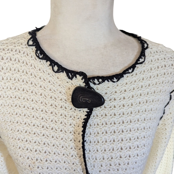 Y2K Cream Cardigan Knit Long Duster Bohemian Black Trim Funky Large Buttons Sz L - Picture 4 of 11